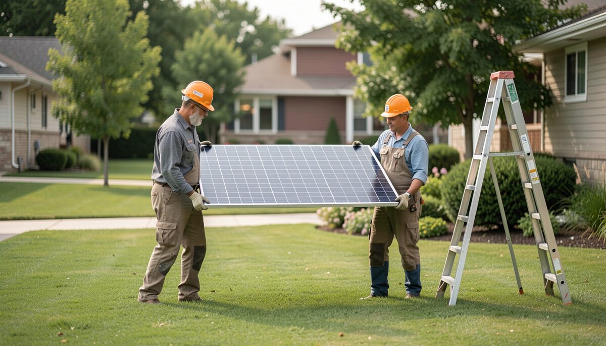 Two workers carry a solar panel, ready to install it on a home.