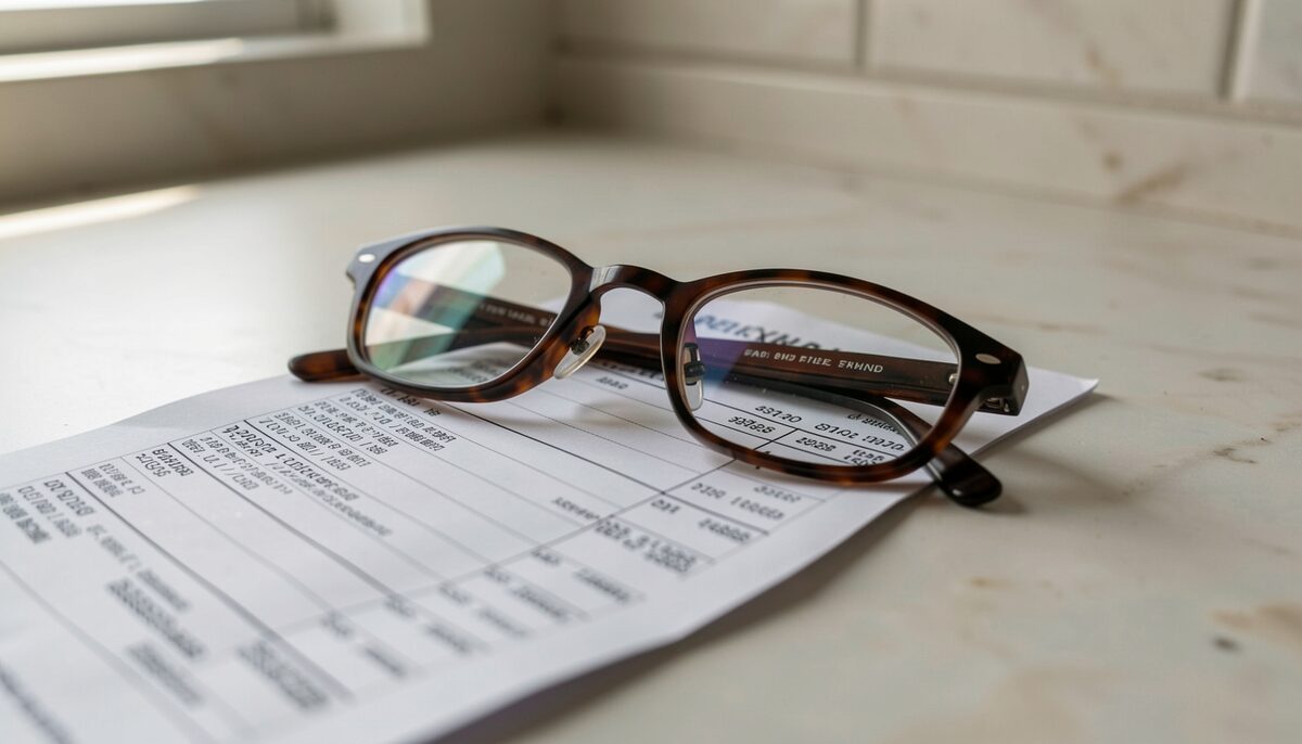 A close view of a printed electric bill on a counter with reading glasses resting on top