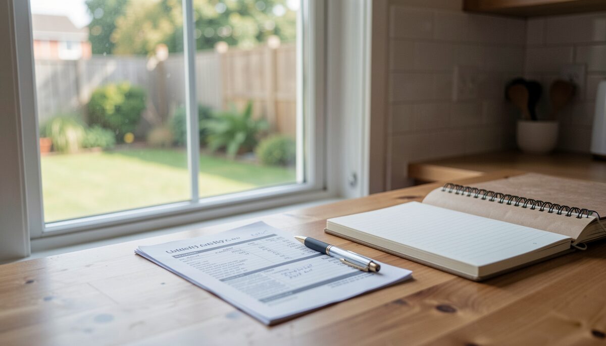 A kitchen table with a utility bill, a pen, and a notebook beside a window overlooking a backyard