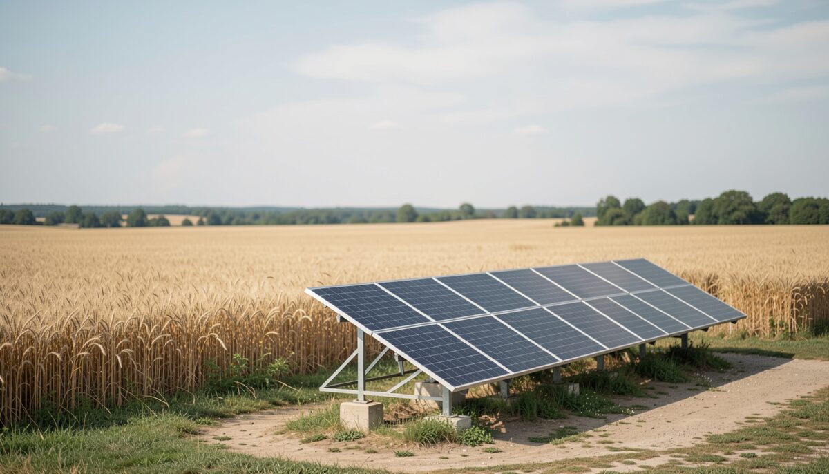 A row of solar panels mounted on a low rack beside a rural Indiana grain field under a wide sky