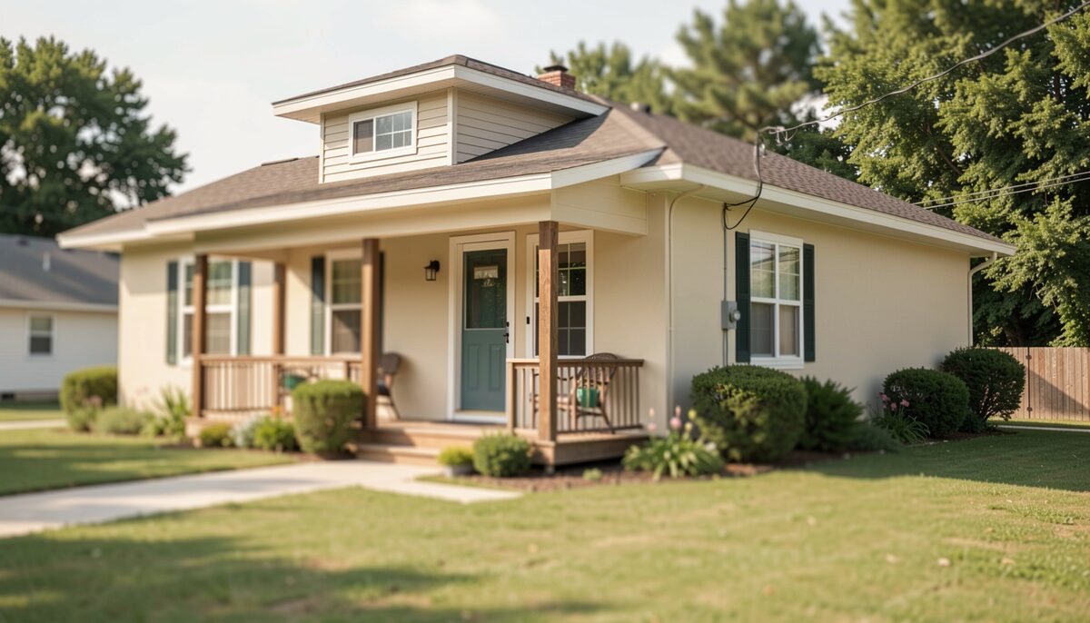 A modest single-story home with a small roof section and a shaded front porch in summer