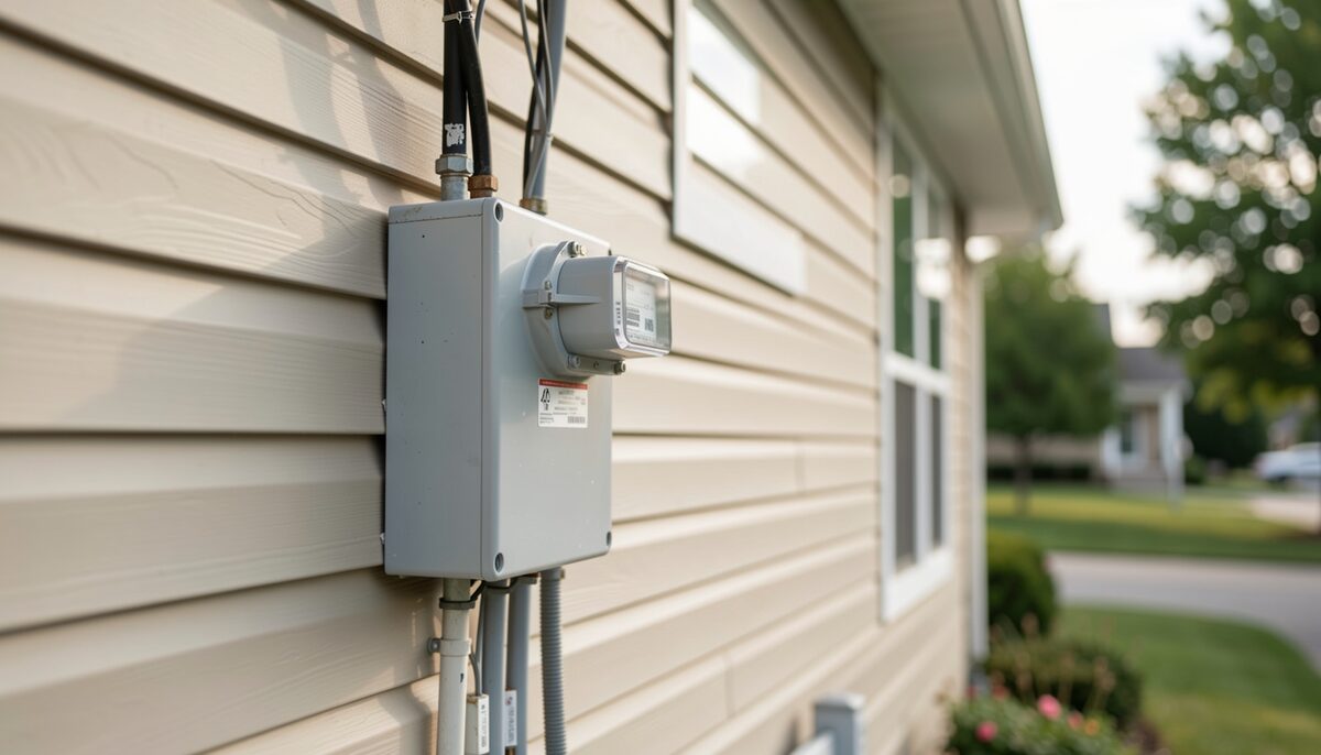 An outdoor electric meter and main panel on the side of a suburban house with siding