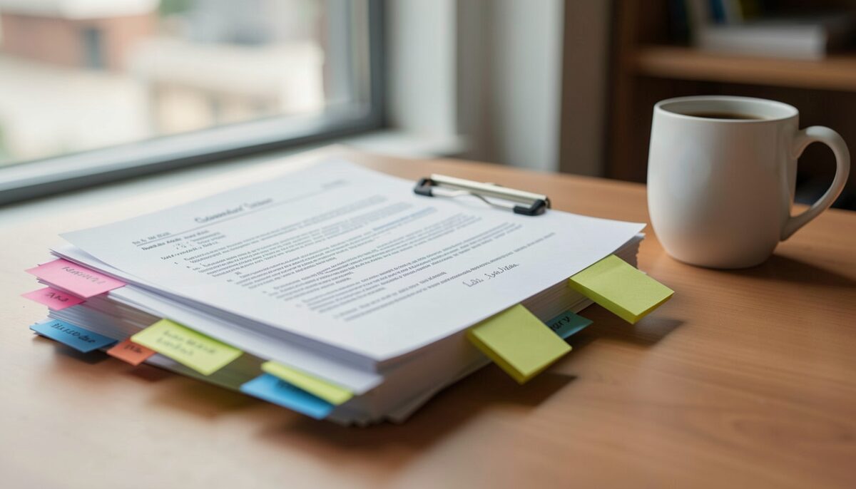 A stack of tabbed filings beside a coffee mug.
