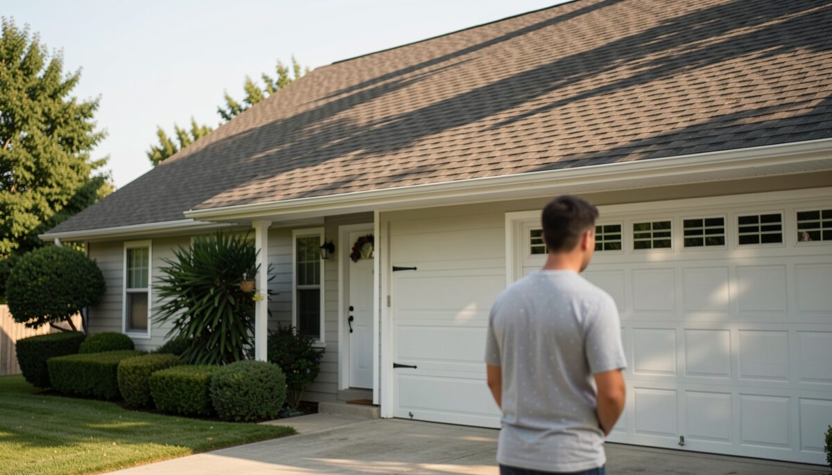 A homeowner studies the slope and shade patterns of a house roof before
  requesting solar quotes.