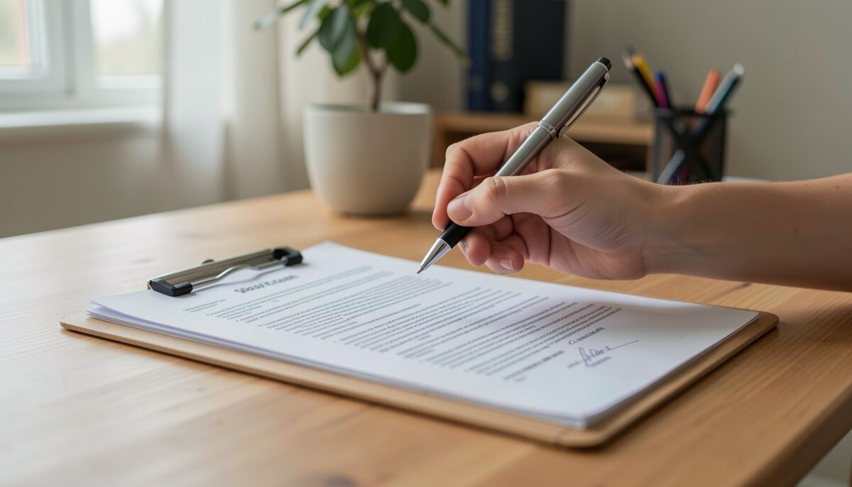 A hand holding a pen above a multi-page contract on a clipboard in a home office
