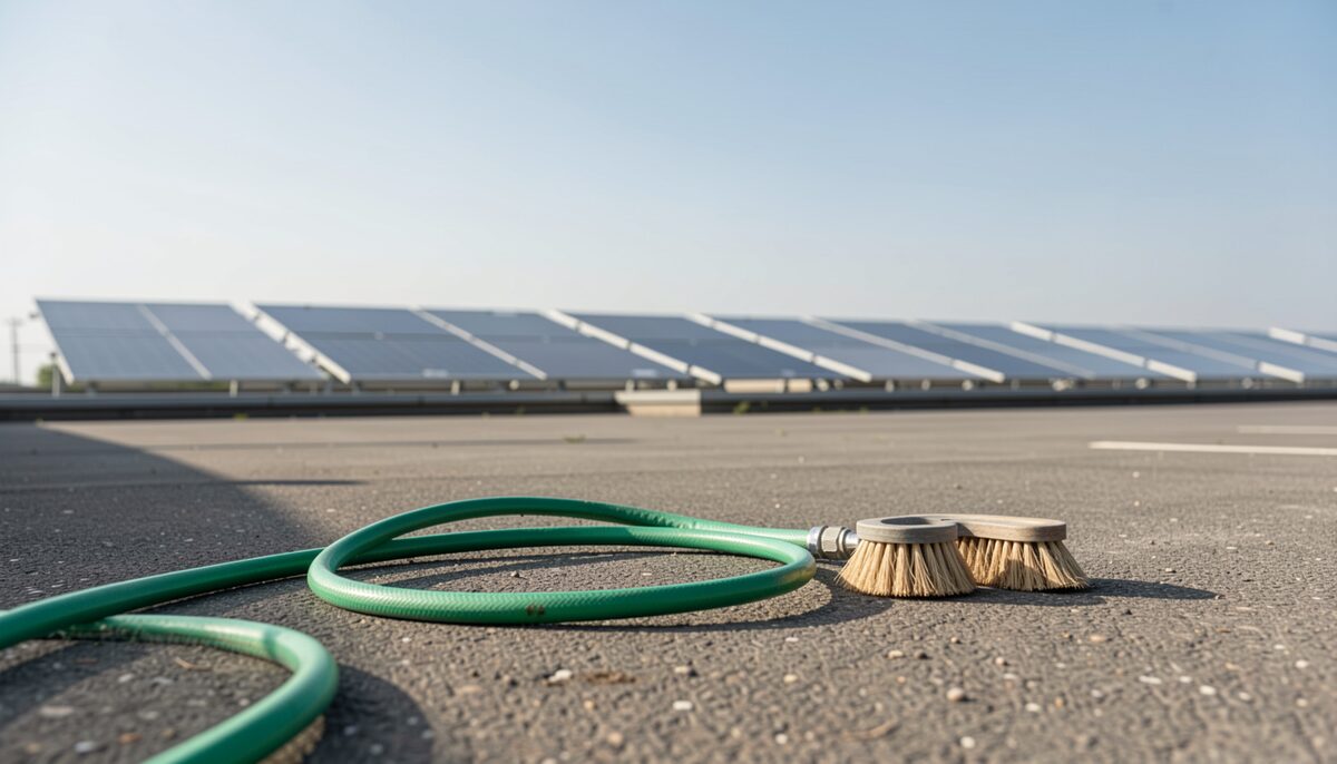 A garden hose and soft brush resting on a driveway below a rooftop array on a clear day