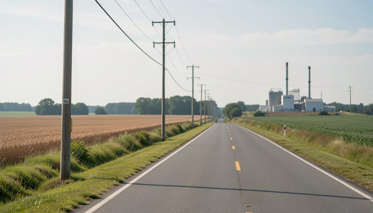 A utility pole line running beside a county road with farm fields and a distant substation