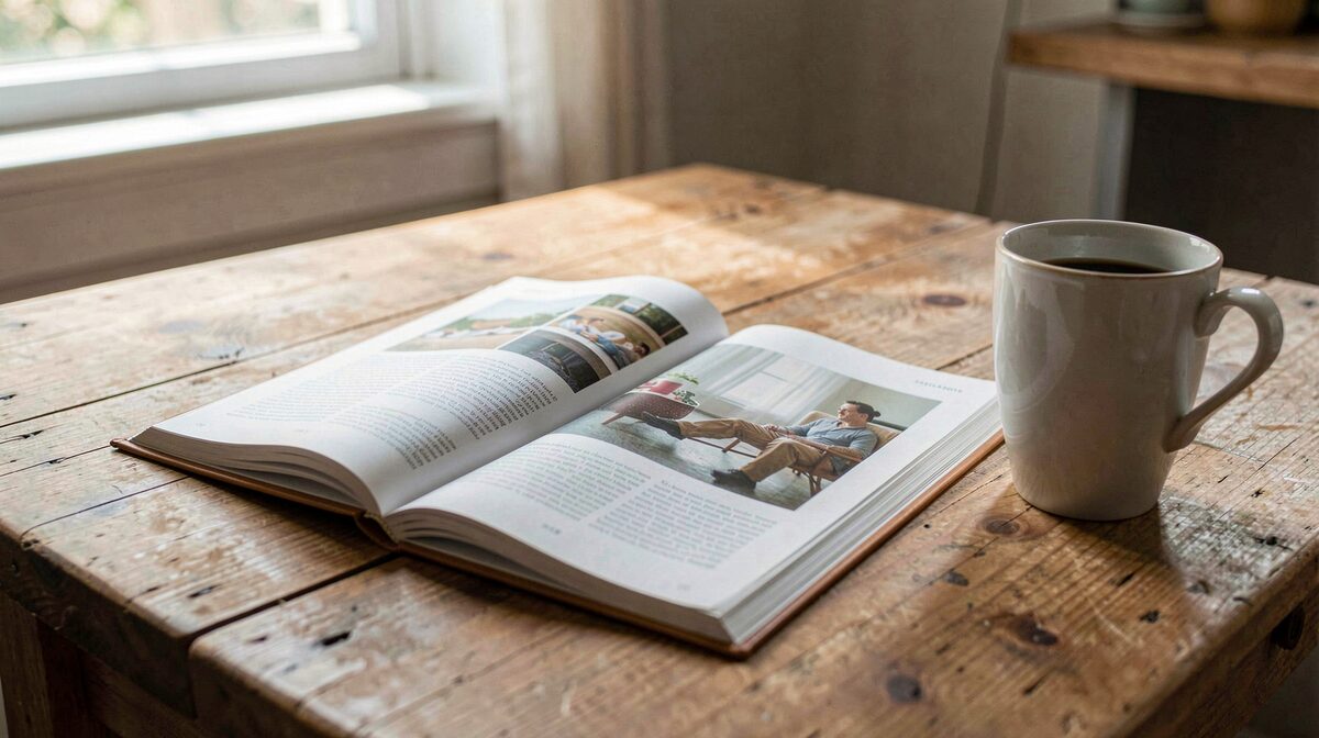 A magazine open on a wooden kitchen table beside a coffee cup, soft morning light from a window, close framing on the pages.