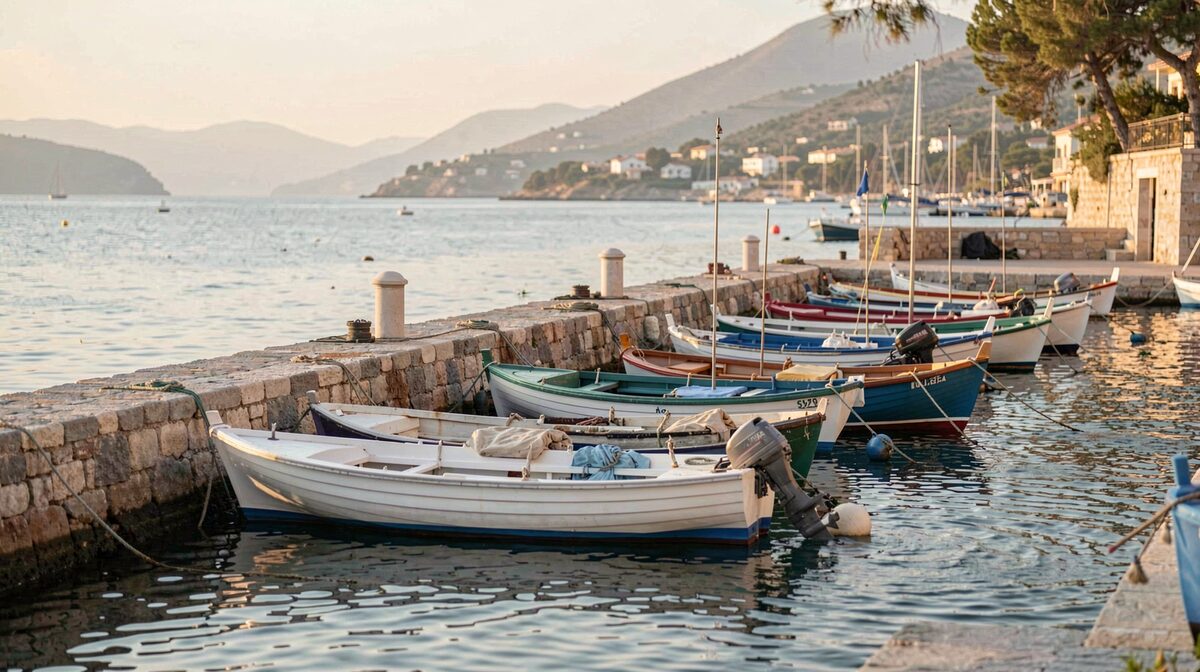 A calm Mediterranean harbor at dawn, small fishing boats moored along a stone quay, shot at eye level in soft morning light.