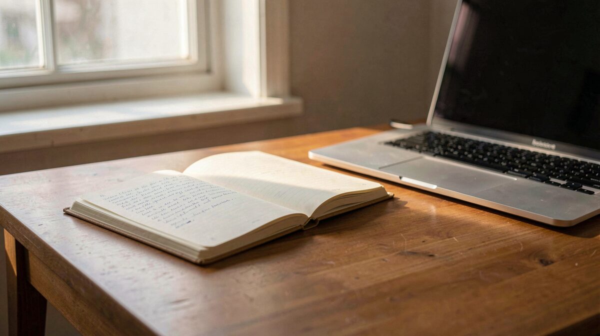 A quiet reading desk with an open notebook and a laptop, warm morning light from a nearby window, close framing on the desk surface.