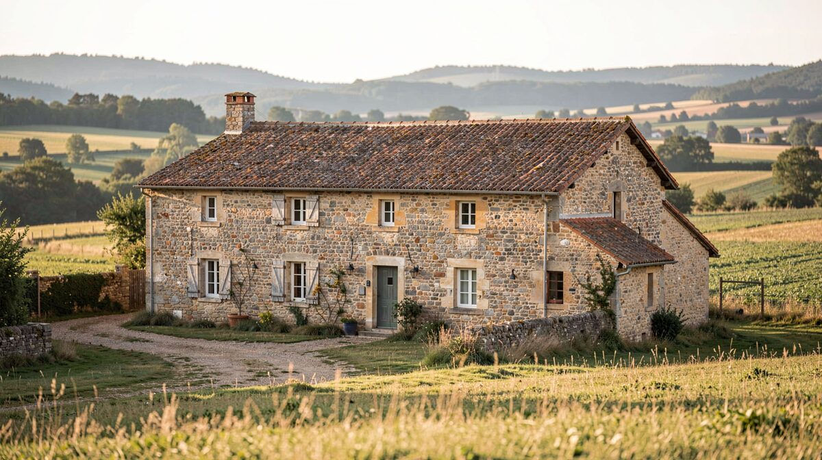 A rural French stone farmhouse with a tiled roof under soft morning light, framed with surrounding farmland and hills in the background.