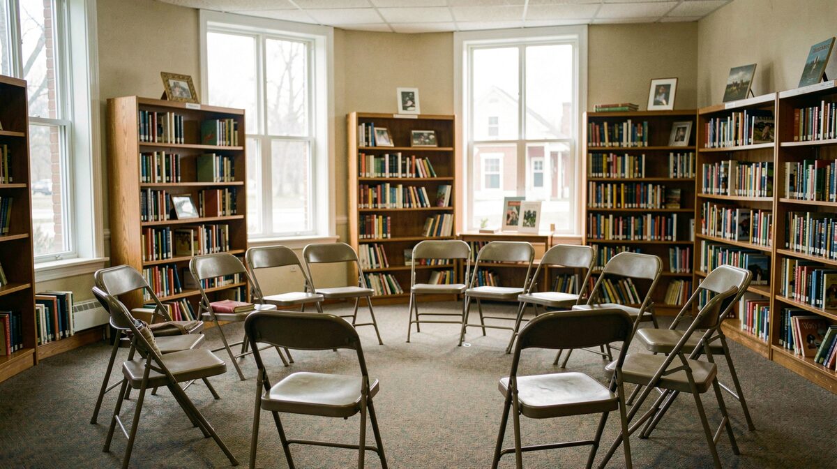 A community meeting room in a small Indiana town library, folding chairs in a loose circle, afternoon light through tall windows, wide shot.