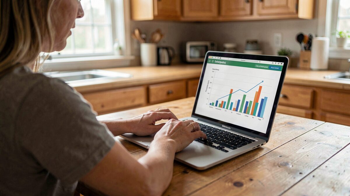 A person at a wooden kitchen table in Indiana reading a laptop showing simple charts, soft morning window light, medium shot.