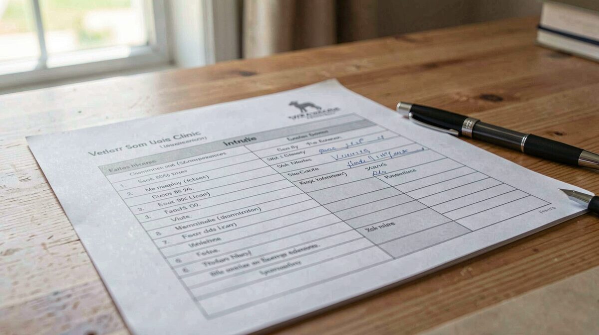 A close view of a printed veterinary clinic intake form on a wooden desk beside a pen, lit by soft morning window light, shot from a slight angle.