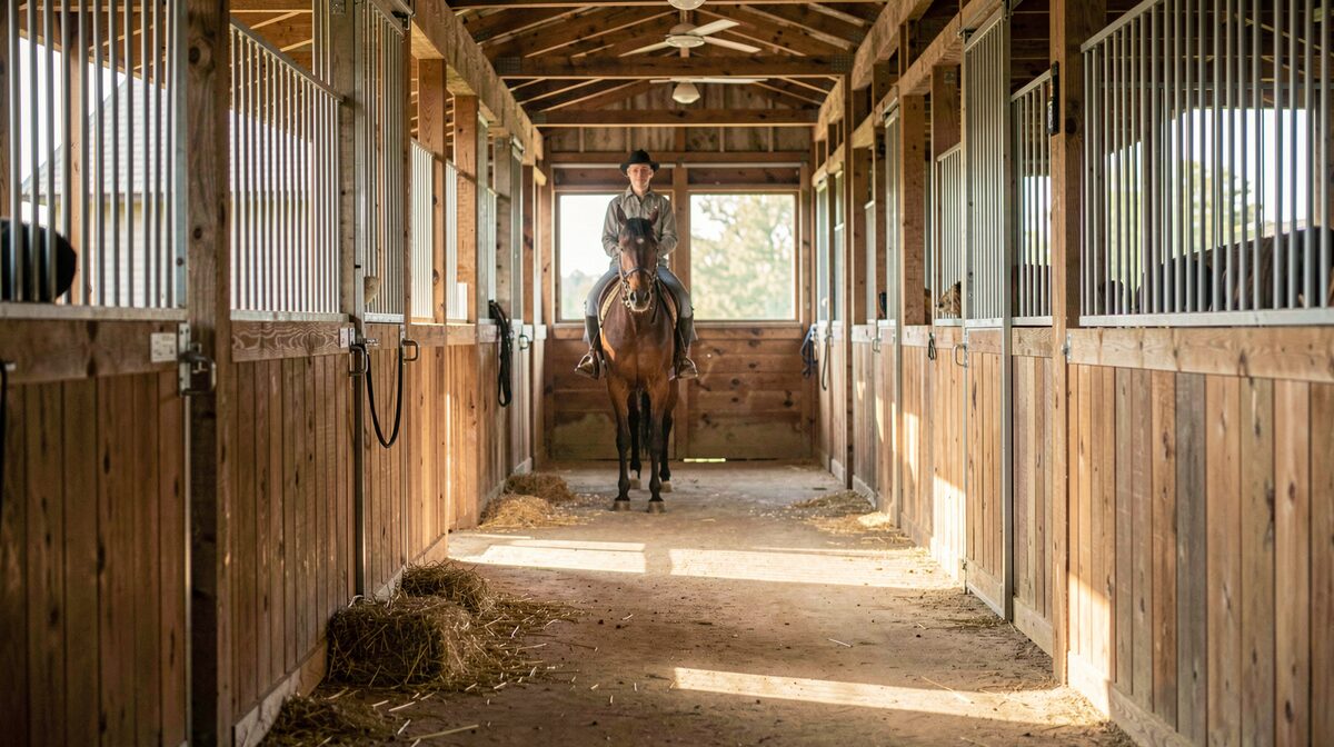 A clean Indiana horse barn aisle in soft morning light, with a rider observing a horse in a stall from a respectful distance, wide framing.