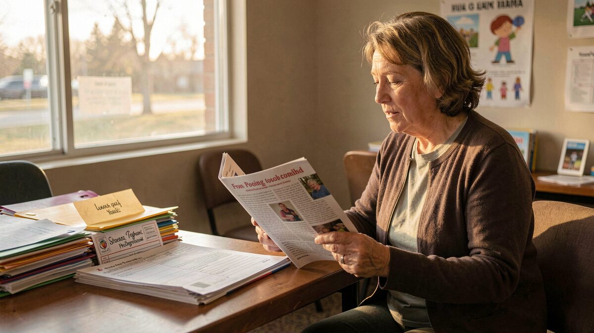 A community room in Indiana where an adult volunteer reviews a printed magazine beside folders of youth program forms, warm afternoon light through a window, medium shot.