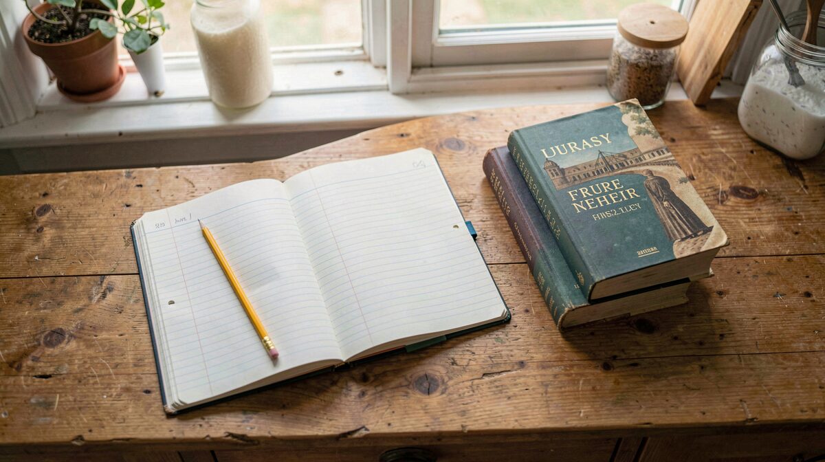 A kitchen table in the morning with an open notebook, a pencil and a library book, lit by soft window light, framed from above.