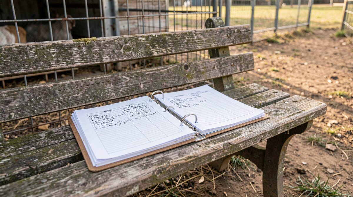 A wooden kennel bench outdoors in soft morning light, with an open ring binder of litter record pages, photographed in close framing.
